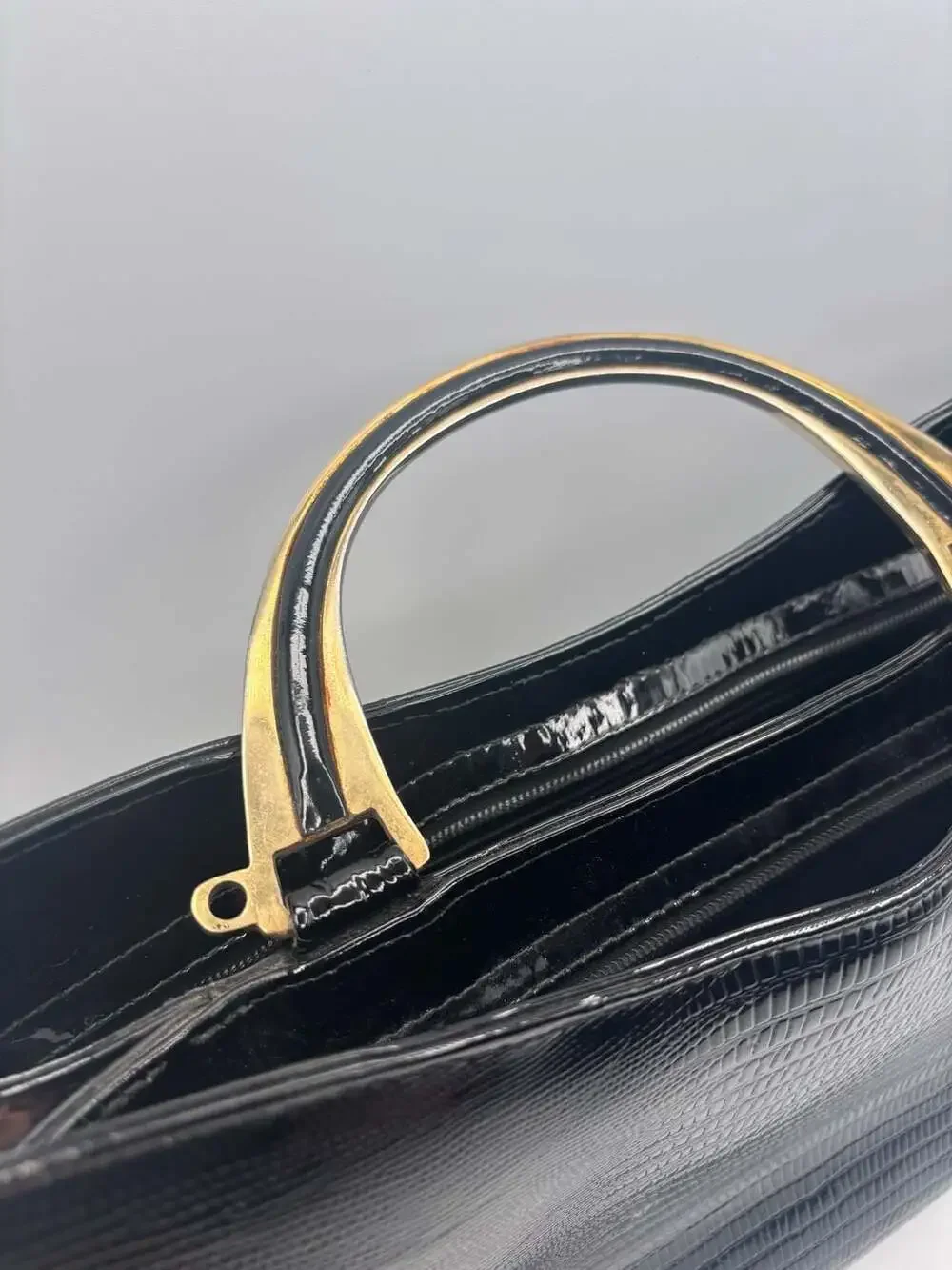 Vintage H.B. Black Patent Faux Reptile Handbag with Gold Metal Handle - 80s